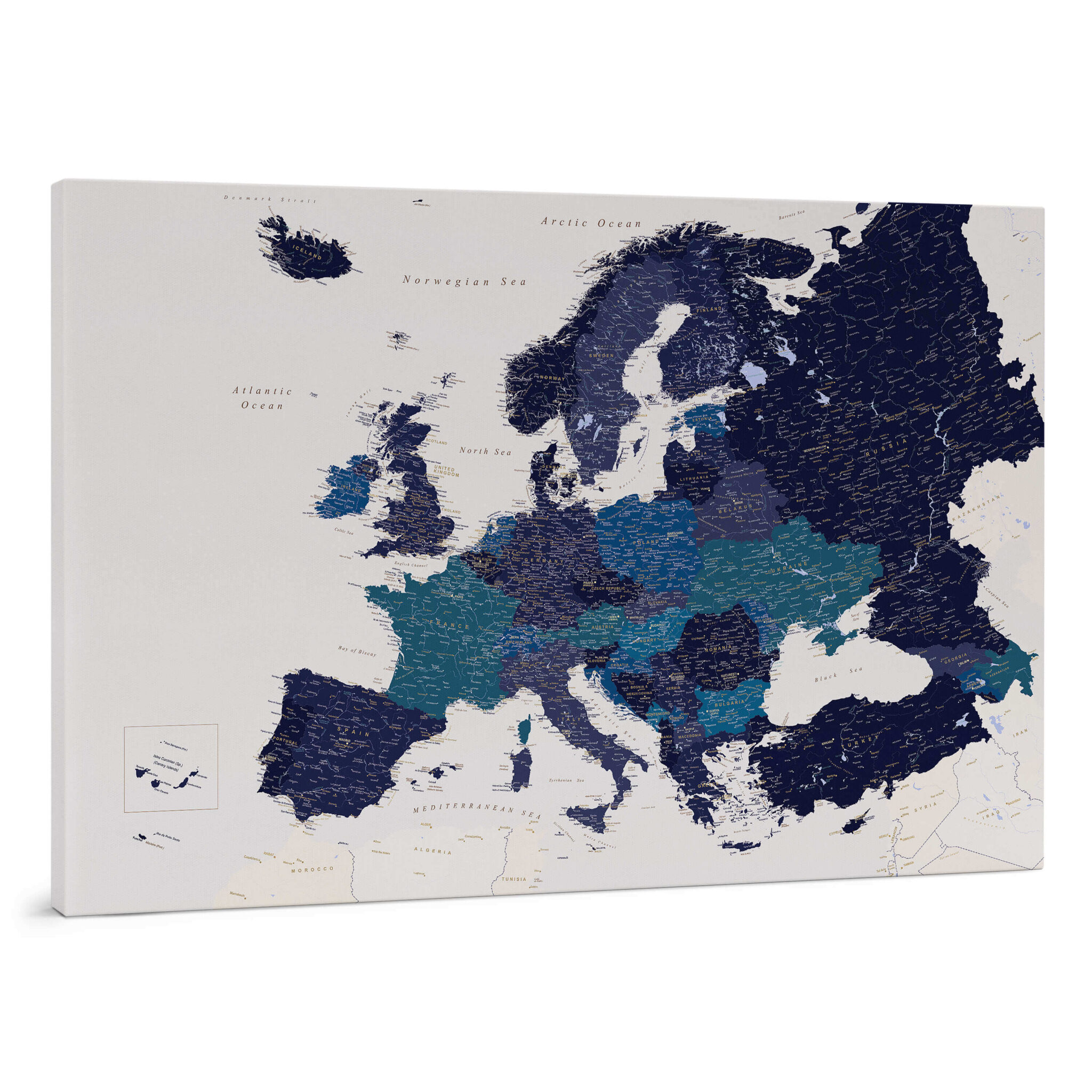 Europe Push Pin Map - Navy Blue (Detailed) - Tripmapworld.com