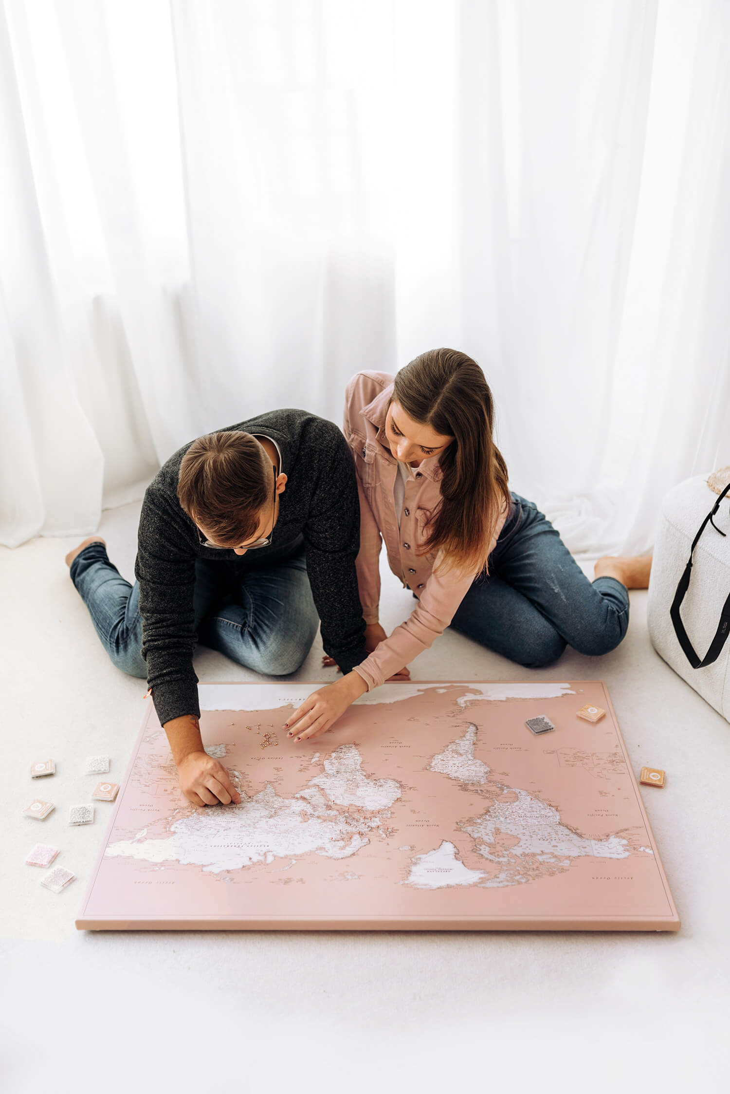 dusty pink world travel map for couples