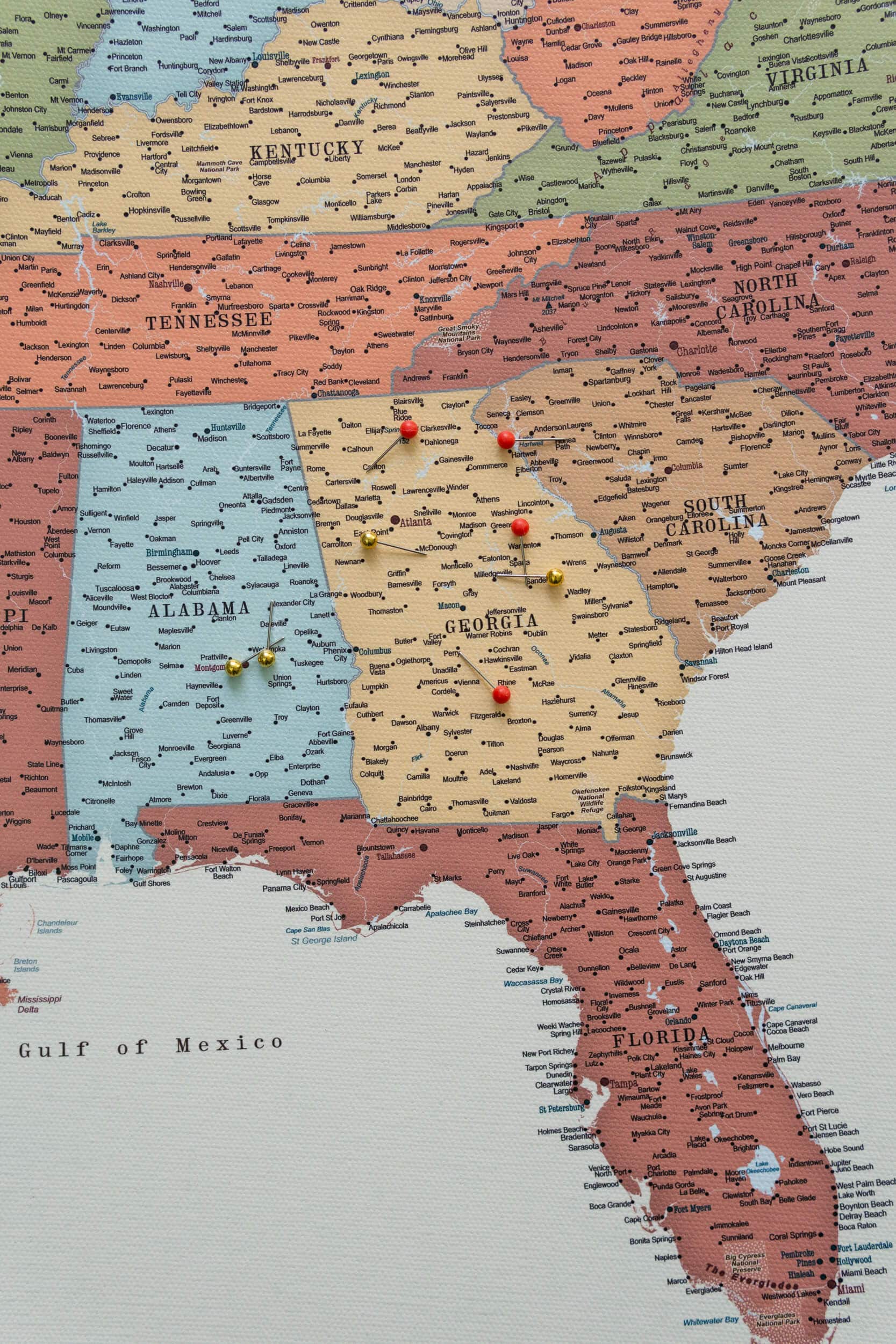 political us map with states and cities on canvas