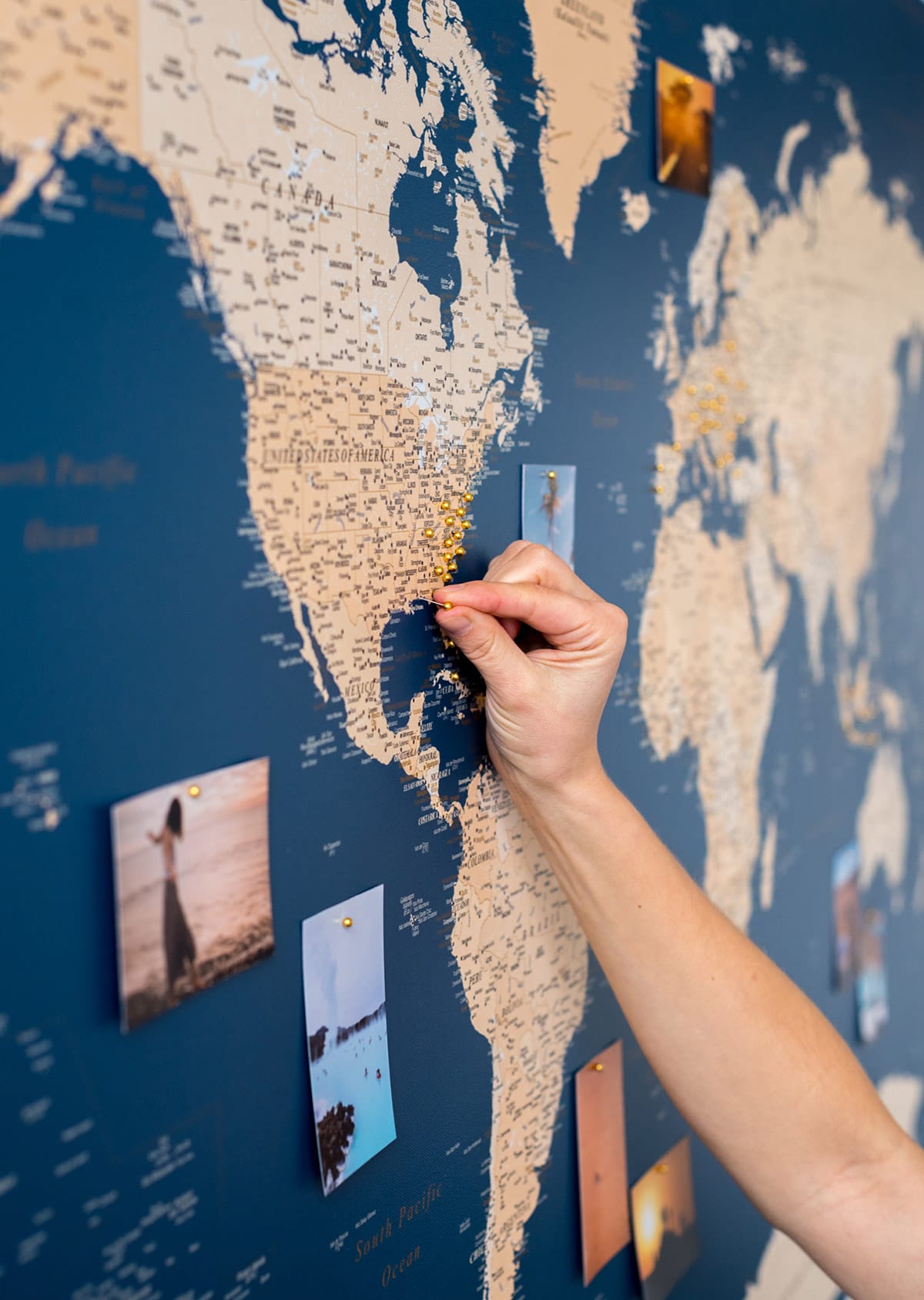 Detailed Blue World Map Wall Art With Pins 
