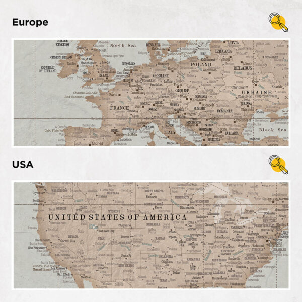 Push Pin World Map - Vintage light blue / brown (Detailed) - Trip Map