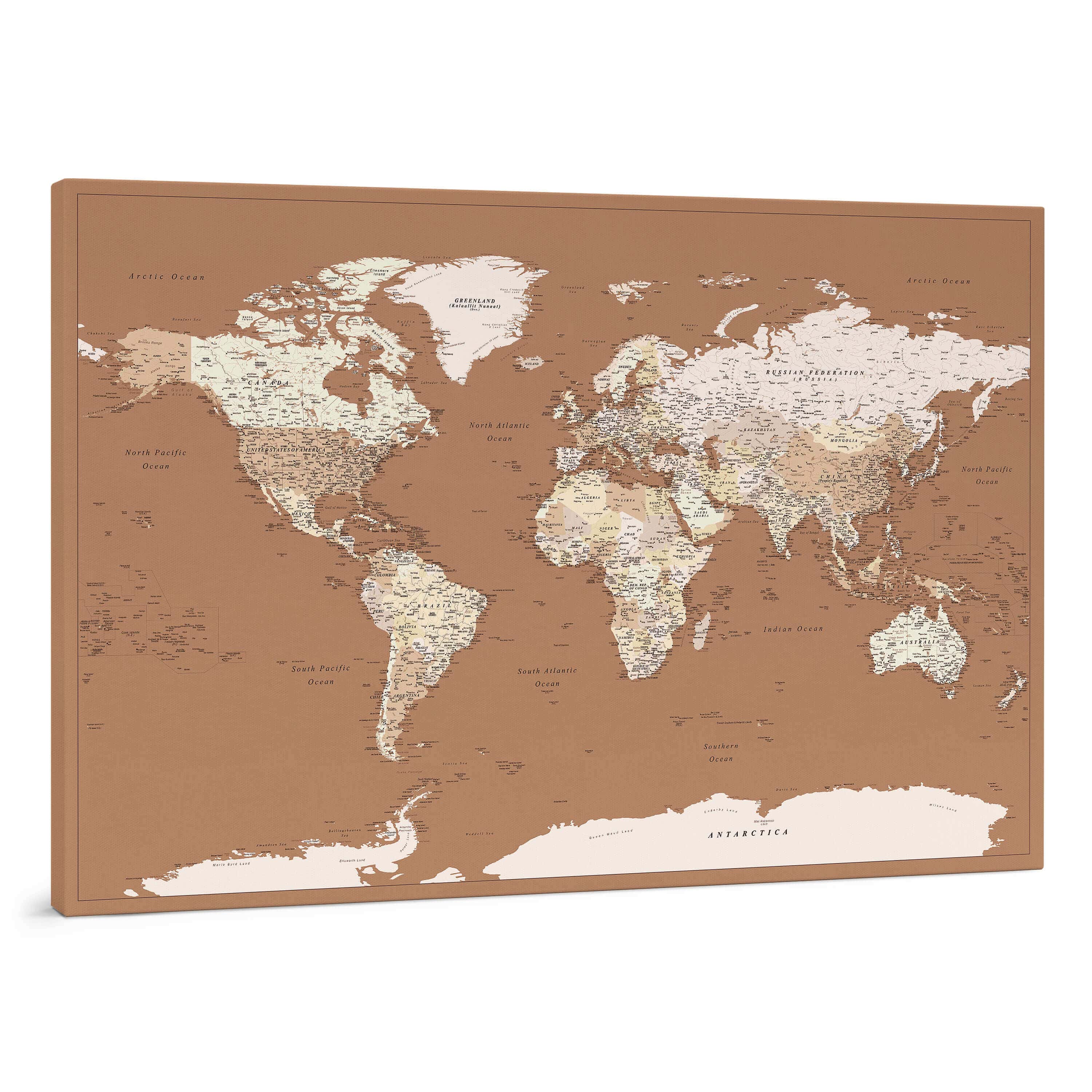 Push Pin World Map - Brown / beige (Detailed) - Push Travel Maps