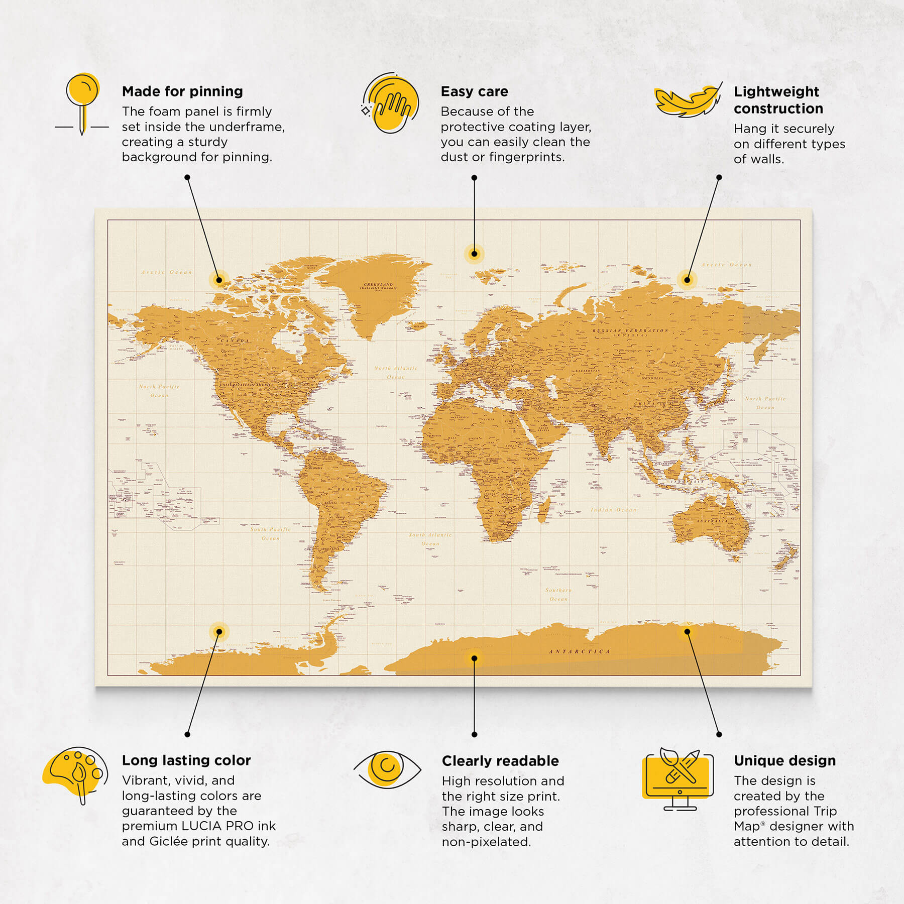 Push Pin World Map - Yellow (Detailed) 