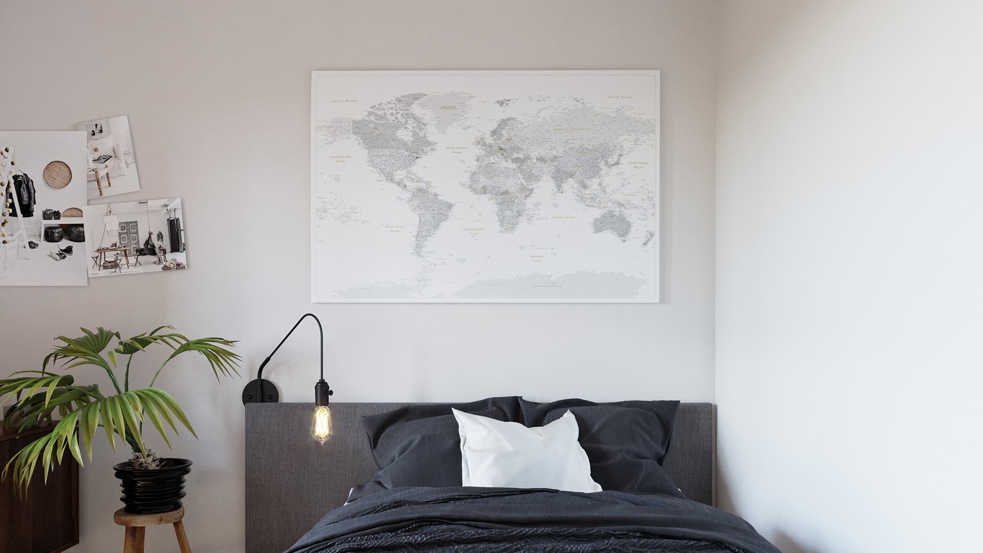 Grey World Map on Canvas Bringing Coziness to Your Home